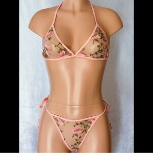 Cream Pink, Embroidered Butterfly & Floral, Lingerie Set